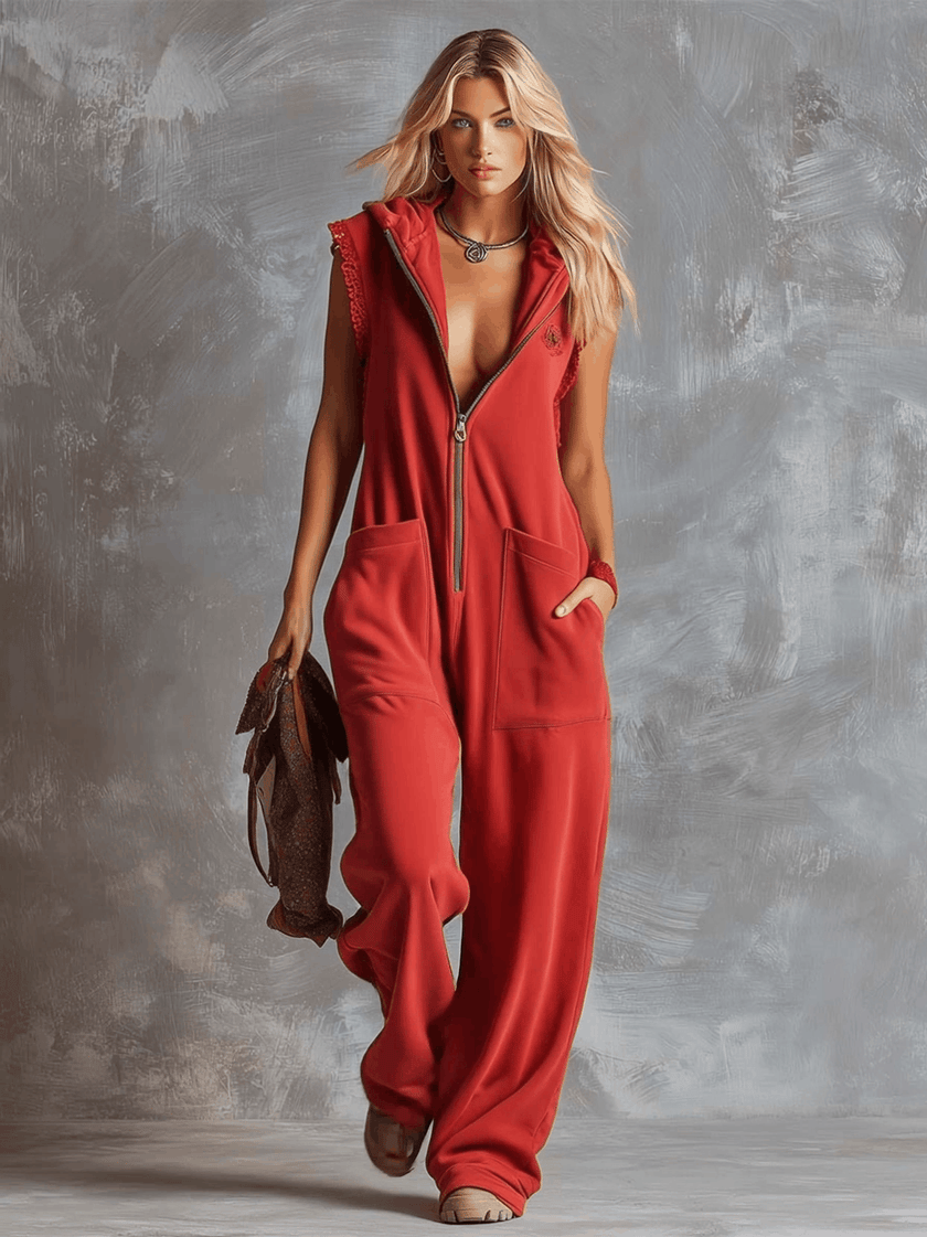 Raspberry red cotton hooded zip-front jumpsuit for women by FJØRNA, featuring a casual, comfortable design with a front zipper and hood.