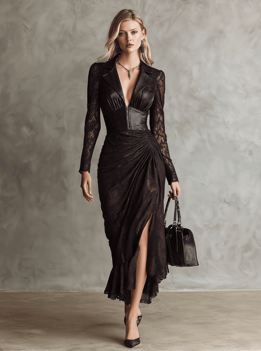 Red faux leather maxi dress by FJØRNA featuring a sleek evening dress design with a flowing silhouette.