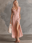 Pink lace V-neck midi dress by FJØRNA featuring delicate lace fabric and a flowing silhouette for elegant evening wear.