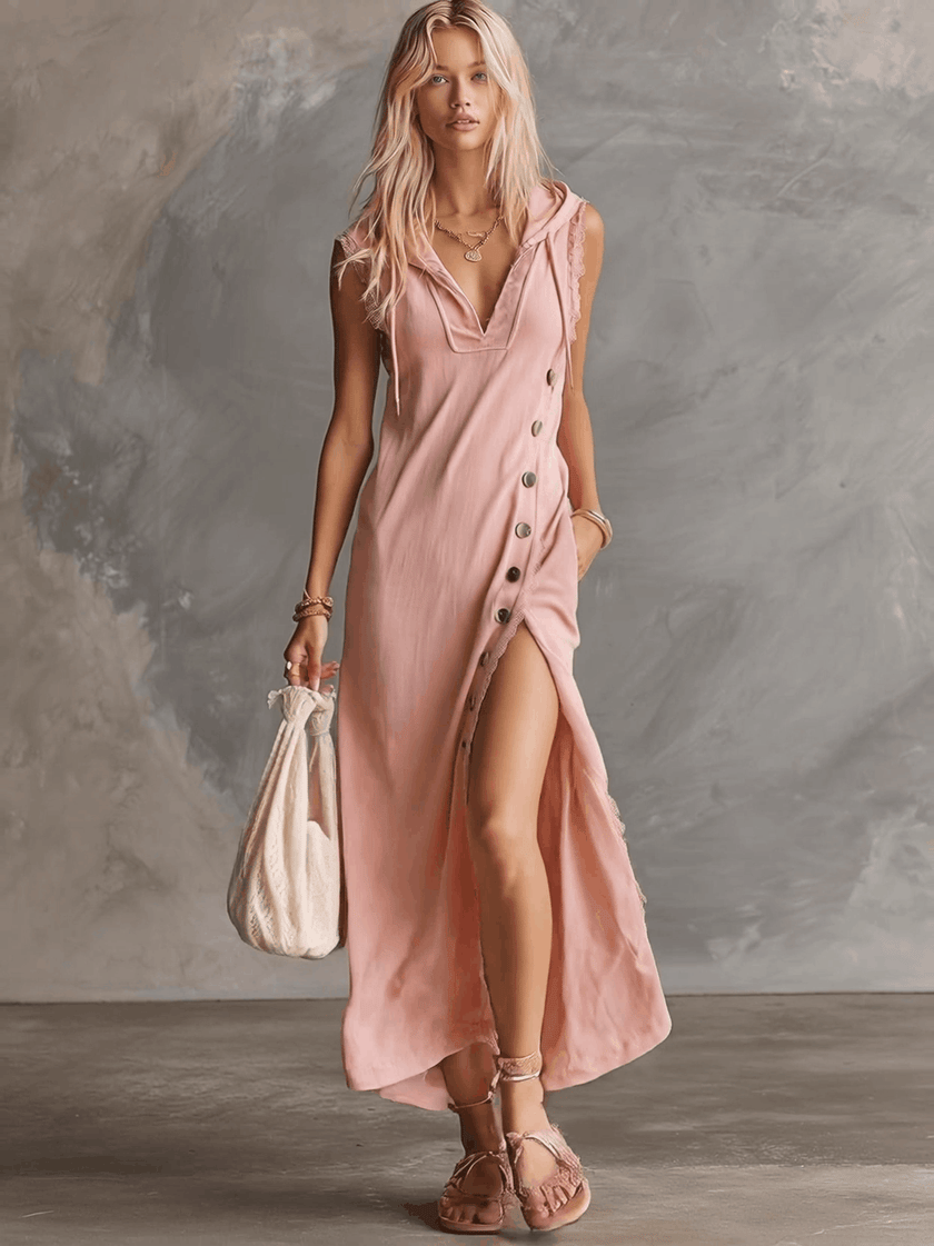 Pink lace V-neck midi dress by FJØRNA featuring delicate lace fabric and a flowing silhouette for elegant evening wear.