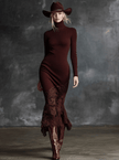 Burgundy lace maxi dress by FJØRNA featuring elegant long sleeves and intricate lace detailing for evening occasions.