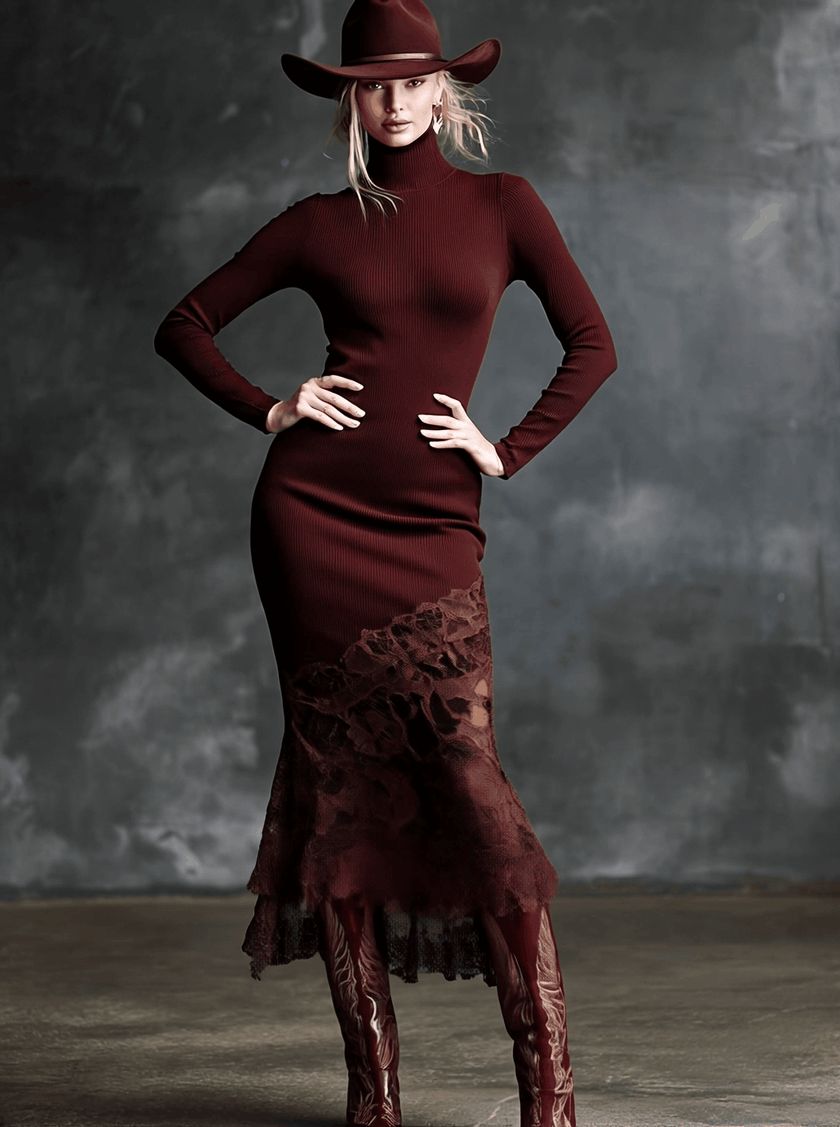 Elegant burgundy lace maxi dress by FJØRNA, featuring intricate lace details and a flowing evening dress silhouette.