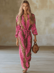Rose red leopard print chiffon long sleeve jumpsuit for women, stylish and flowy FJØRNA pants with a vibrant pattern.