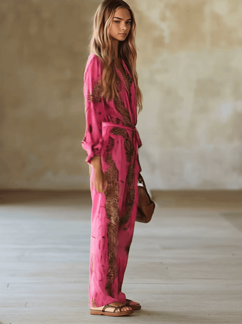 Rose red leopard print chiffon jumpsuit with long sleeves, women's pants by FJØRNA, featuring a stylish, flowing design.