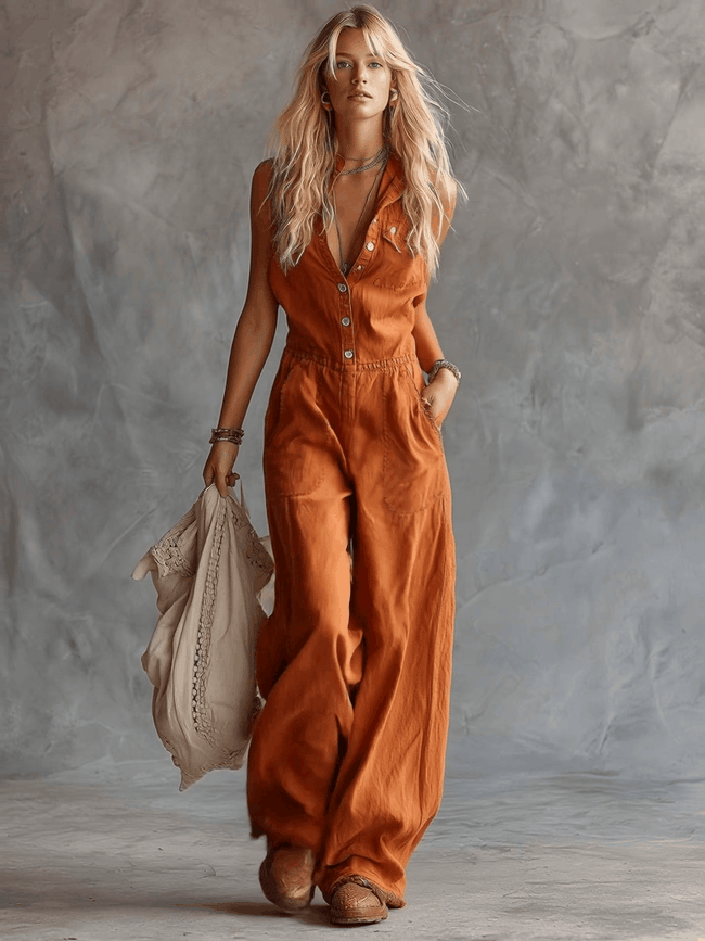 Rust orange cotton western-style sleeveless jumpsuit with V-neck, designed for women, by FJØRNA.