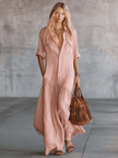 Pink linen V-neck maxi dress by FJØRNA, casual dress with flowing fabric and relaxed fit, suitable for warm weather.