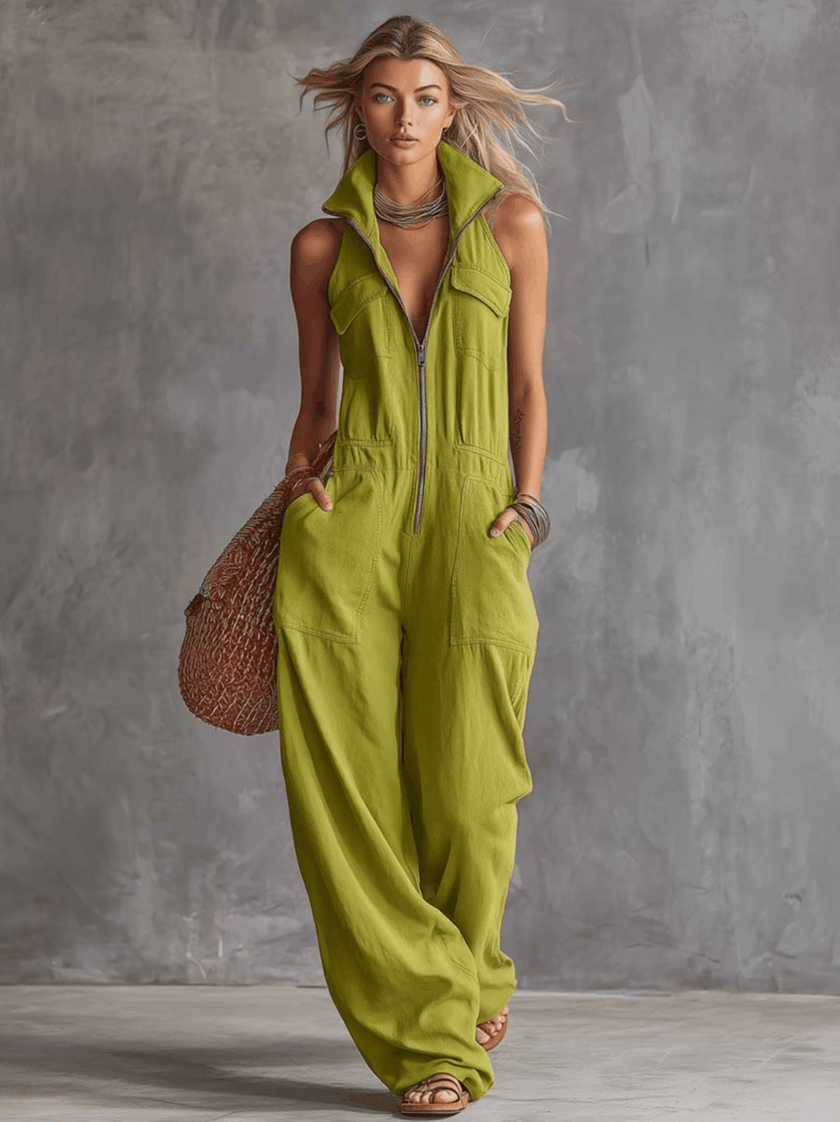 Bright green FJØRNA women's cotton linen zip-front jumpsuit with long sleeves and front zipper, styled as casual pants.