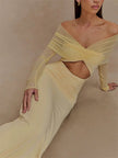 FJØRNA off-shoulder cut-out maxi dress for women, featuring a flowing silhouette perfect for summer and special occasions.