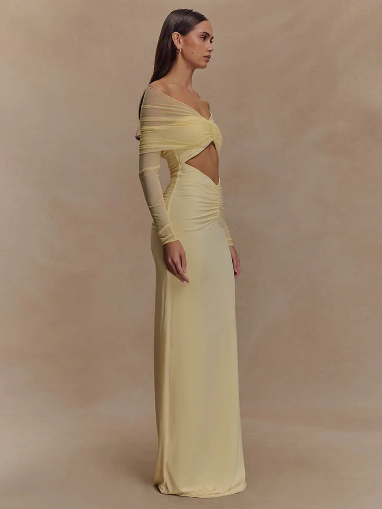 FJØRNA off-shoulder cut-out maxi dress for women, featuring a flowing silhouette and stylish summer design.