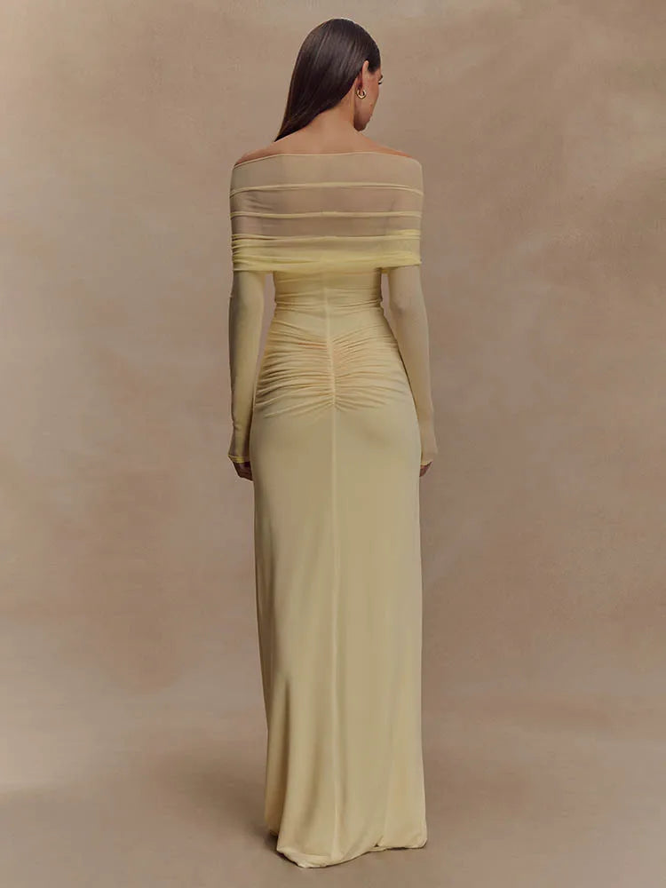FJØRNA off-shoulder cut-out maxi dress for women, stylish summer dress with a flowy silhouette and elegant design for special occasions.