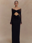 FJØRNA off-shoulder cut-out maxi dress for women, featuring a flowing design perfect for summer and special occasions.