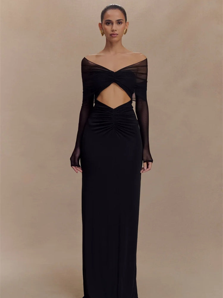 FJØRNA off-shoulder cut-out maxi dress for women, featuring a flowing design perfect for summer and special occasions.