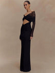 FJØRNA off-shoulder cut-out maxi dress for women, featuring a flowing silhouette and stylish summer or special occasion design.