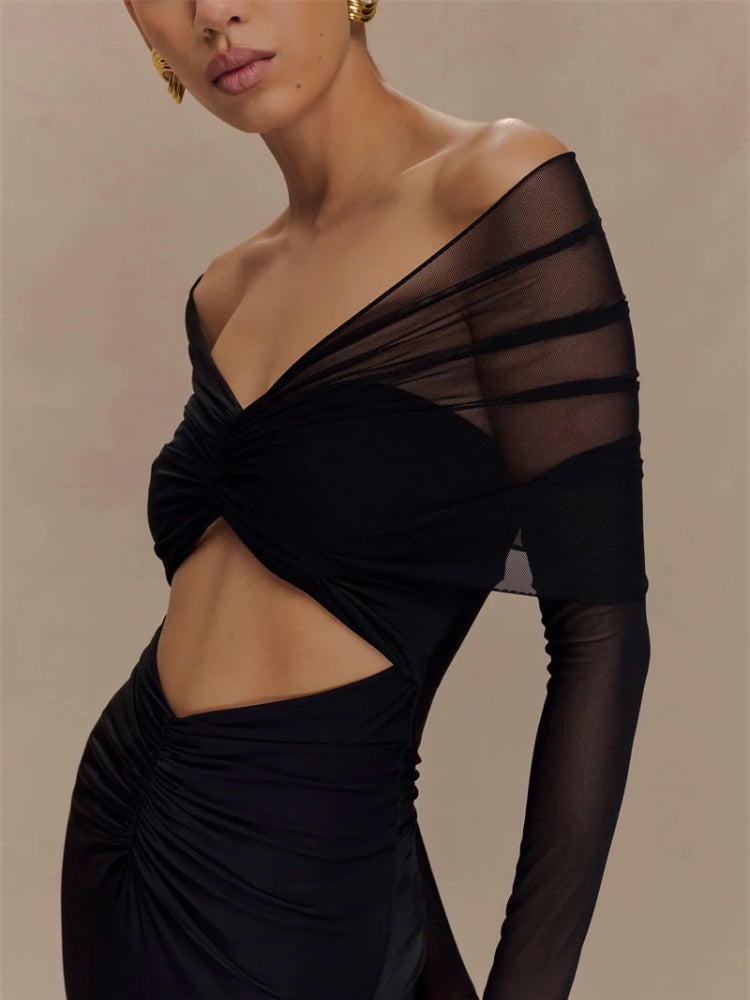 FJØRNA off-shoulder cut-out maxi dress for women, stylish summer dress perfect for special occasions, with a flowing silhouette.