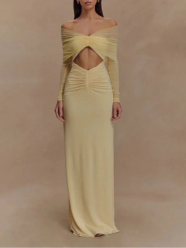 FJØRNA off-shoulder cut-out maxi dress for women, featuring a flowing summer design perfect for special occasions.