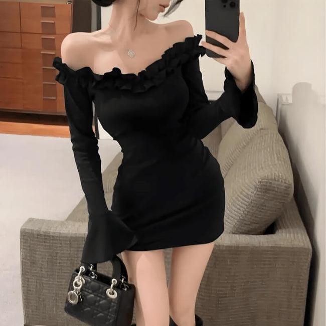 FJØRNA off-shoulder ruffle mini dress for women, featuring a stylish design suitable for party and daytime wear.