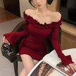 FJØRNA off-shoulder ruffle mini dress for women, showcasing a stylish dress with flowy ruffles and a fitted silhouette.
