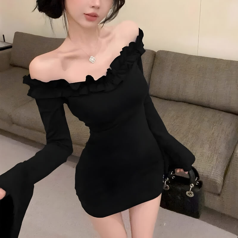 FJØRNA off-shoulder ruffle mini dress for women, featuring a stylish off-shoulder design and playful ruffle details.