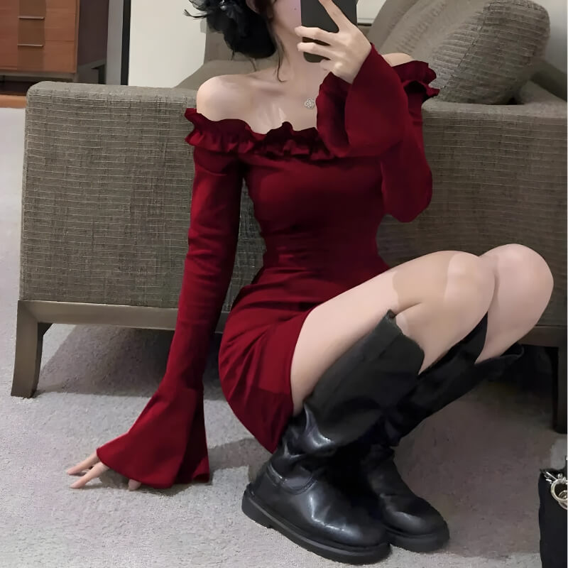 FJØRNA off-shoulder ruffle mini dress for women, perfect for party or day wear, featuring a stylish ruffle design and relaxed fit.