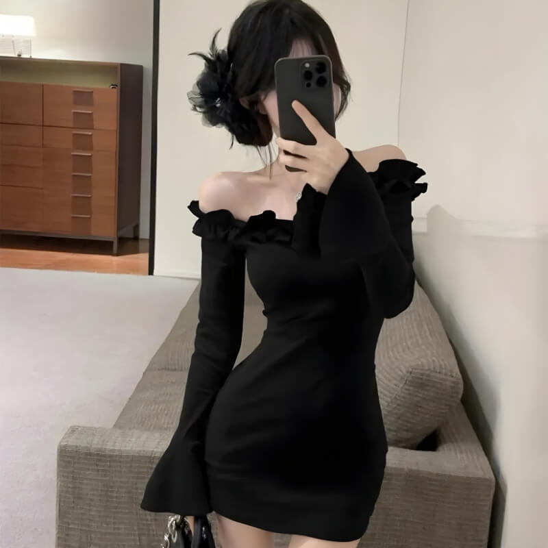 FJØRNA off-shoulder ruffle mini dress for women, stylish party and day wear, featuring a feminine ruffled neckline and fitted silhouette.