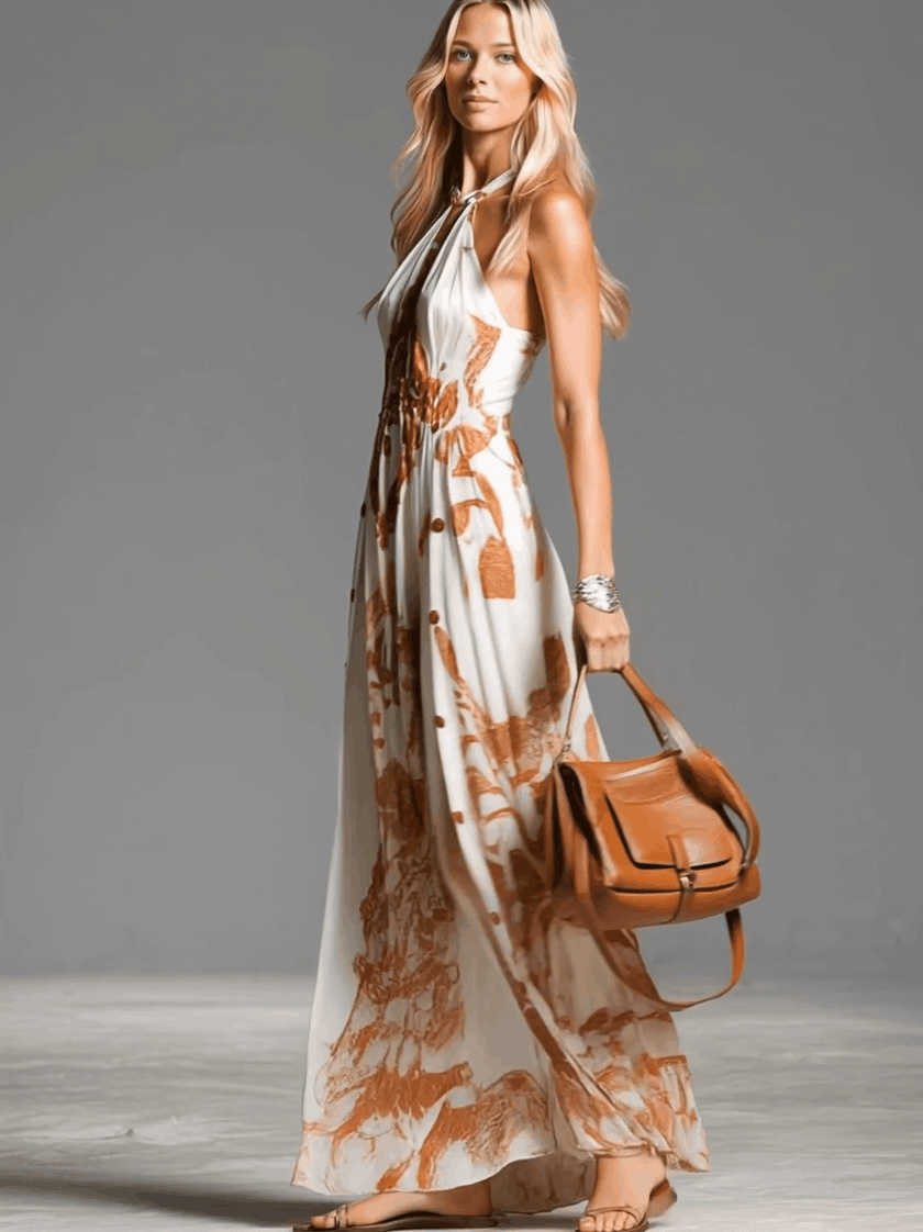 FJØRNA Off-White chiffon halter neck maxi dress, casual style with flowing fabric and elegant design, perfect for summer wear.
