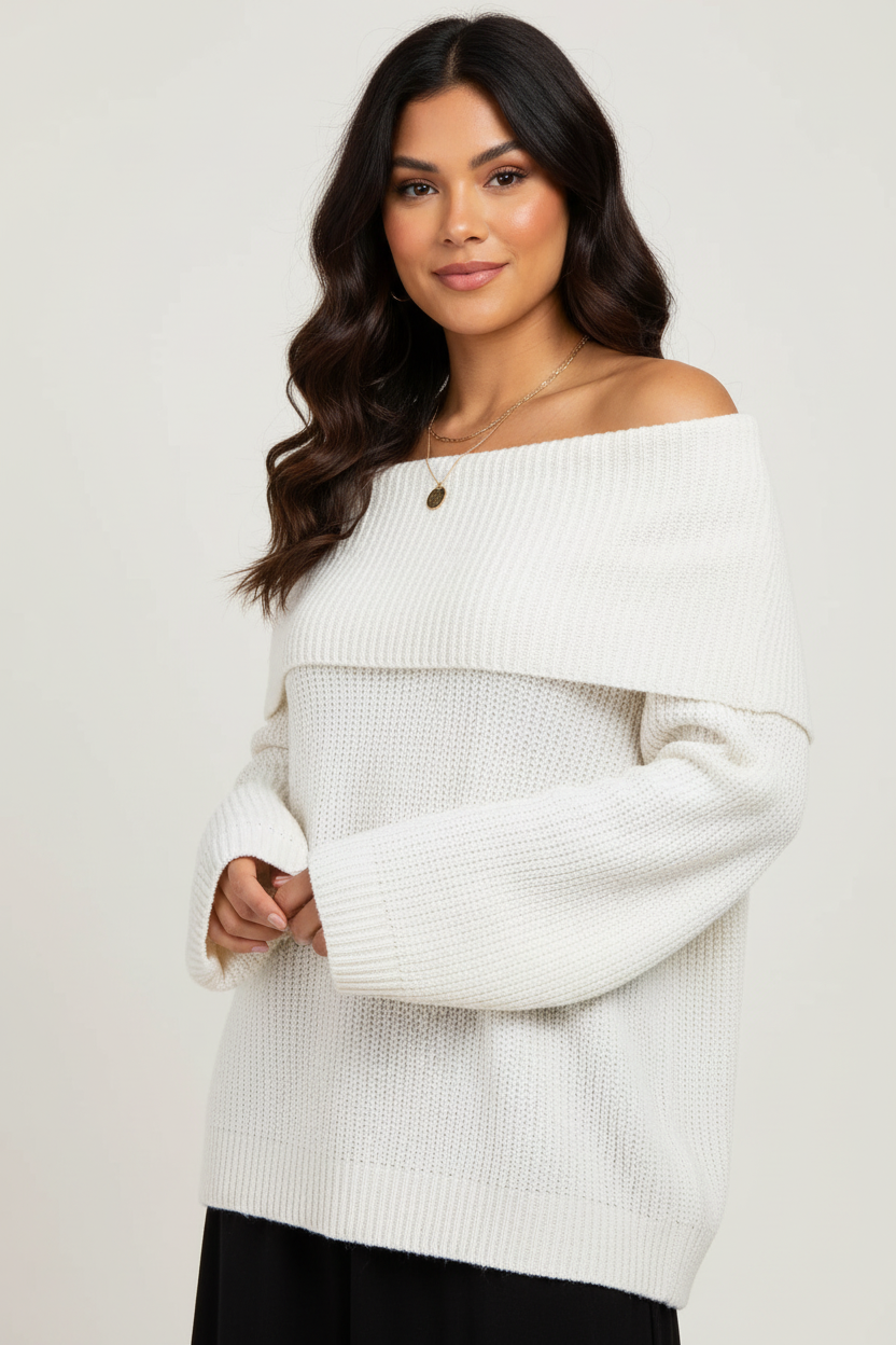 Soft Knit Sweater Women Off-Shoulder Relaxed Fit