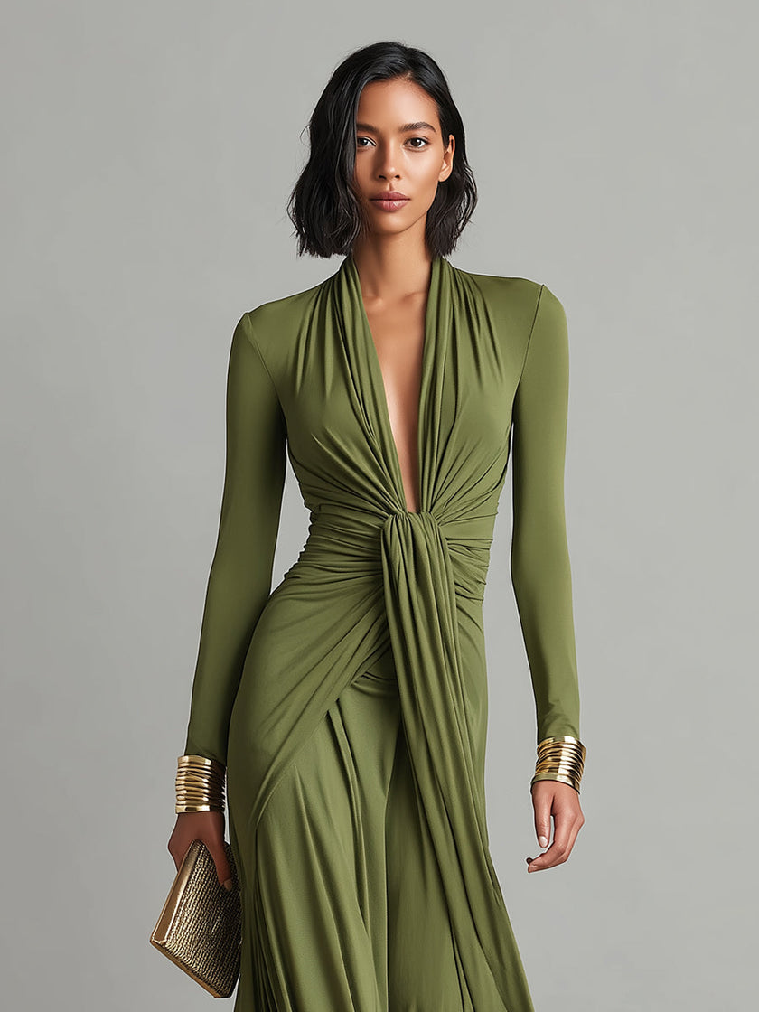 Olive silk V-neck maxi dress for women by FJØRNA, flowing fabric with a relaxed fit and elegant V-neckline.