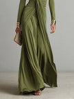Olive silk V-neck maxi dress for women by FJØRNA, flowing fabric and elegant design perfect for casual or formal wear.