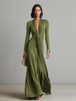 Olive silk V-neck maxi dress for women by FJØRNA, flowing fabric with a relaxed fit and elegant V-neckline.