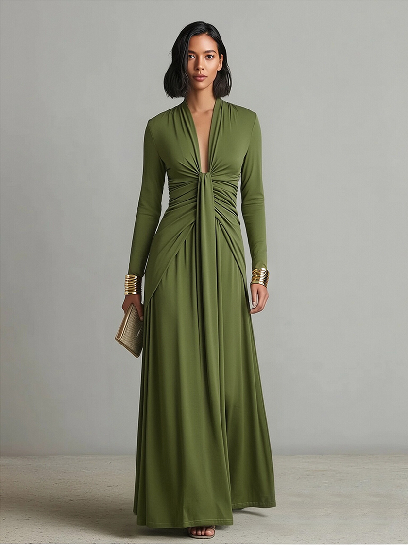 Olive silk V-neck maxi dress for women by FJØRNA, flowing fabric and elegant design perfect for sophisticated occasions.