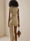 FJØRNA one-shoulder draped mini dress for women, stylish party and day dress with elegant draping and modern design.