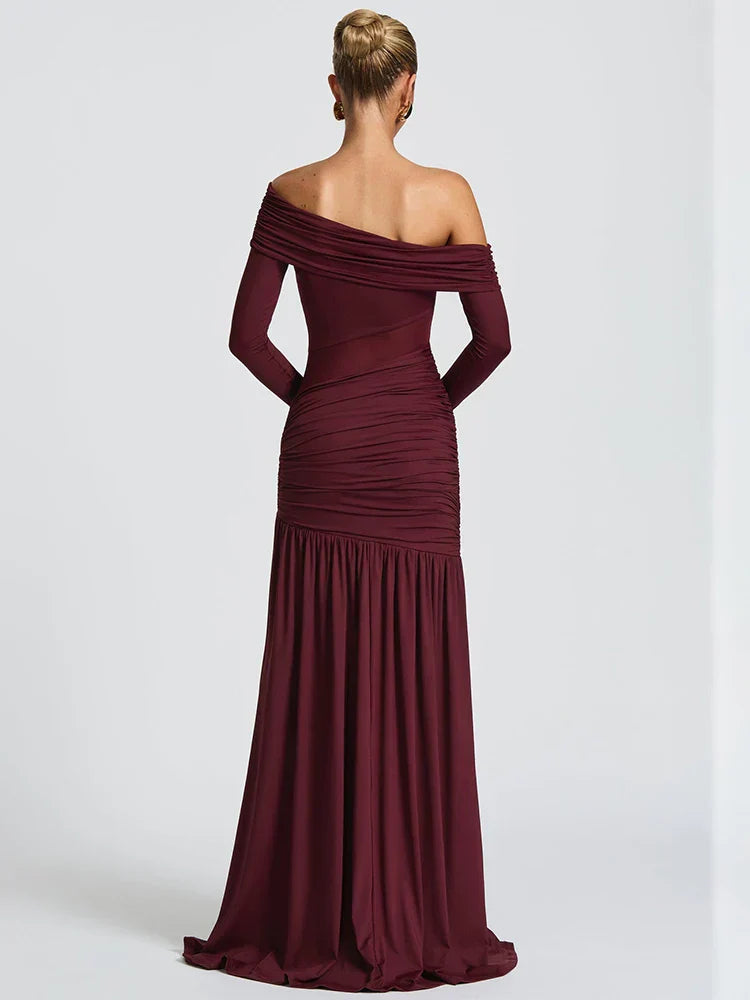 FJØRNA one-shoulder high-slit women's maxi dress in flowing fabric, perfect for summer and special occasions.
