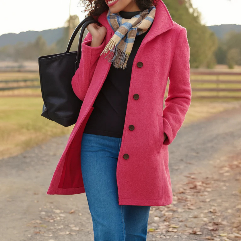 Wool Coat Tailored Notch Collar Button Up Long Winter Coat | Elvira