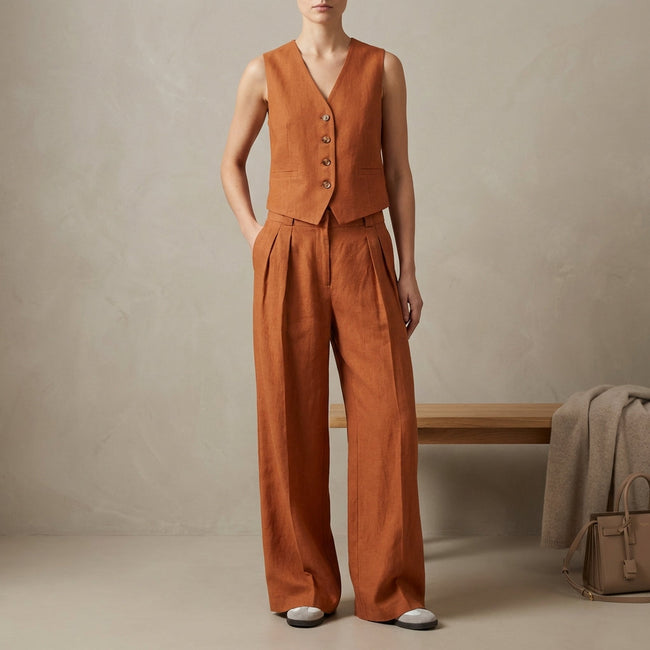 Orange FJØRNA women's two-piece linen pleated co-ord set with a stylish top and matching skirt, perfect for elegant casual wear.