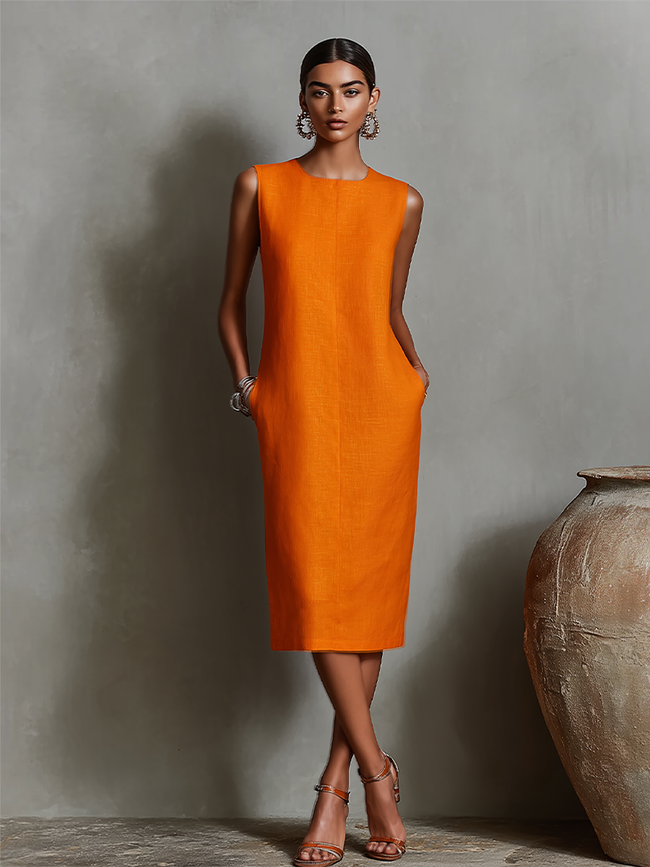 Orange linen sleeveless mini dress for women by FJØRNA, featuring a stylish and comfortable evening dress design.