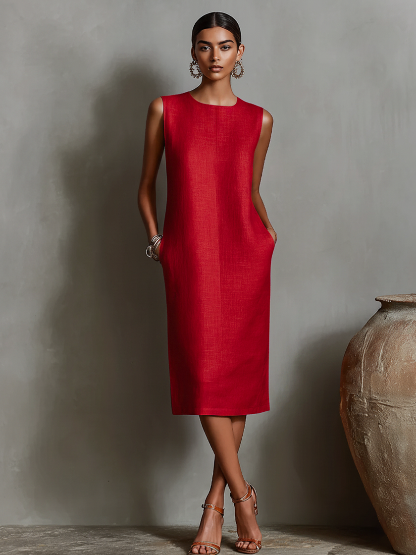 Orange linen sleeveless mini dress by FJØRNA, lightweight and stylish, perfect for summer or evening occasions.