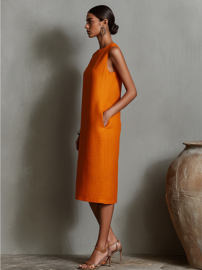 Orange linen sleeveless mini dress for women by FJØRNA, perfect for casual or evening wear, shown on a model.