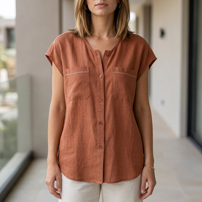 FJØRNA women's orange V-neck sleeveless summer blouse, casual top with lightweight fabric and stylish fit.