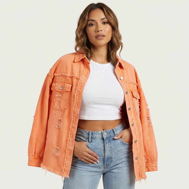 Denim Jacket Women Distressed Button Front Orange