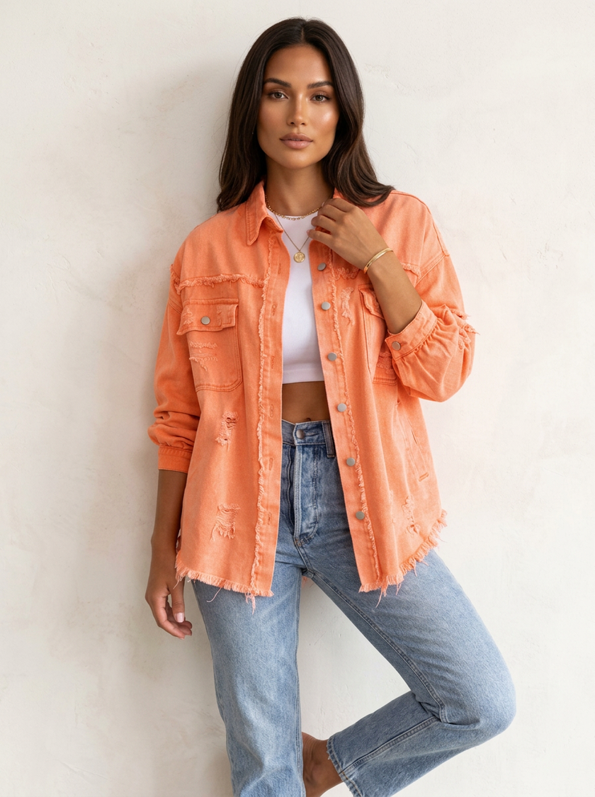 Denim Jacket Women Distressed Button Front Orange