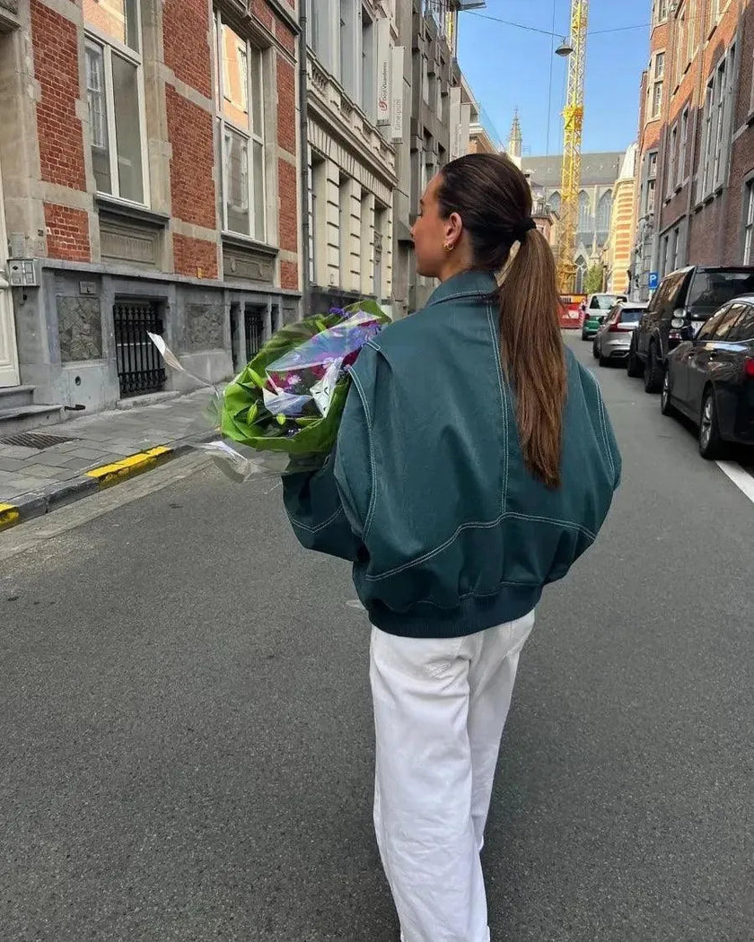 Bomber Jacket Women Oversized Contrast Stitching