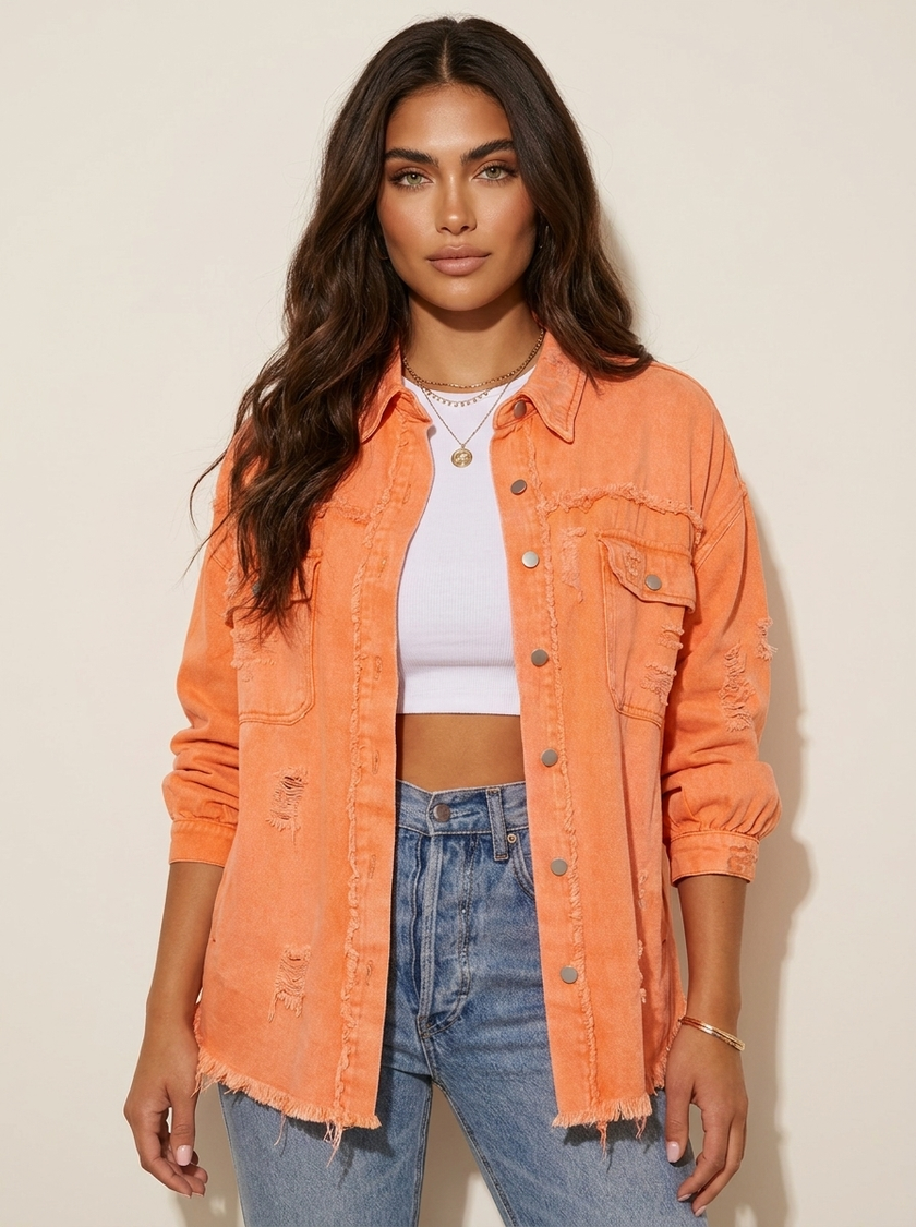Denim Jacket Women Oversized Distressed Relaxed Fit