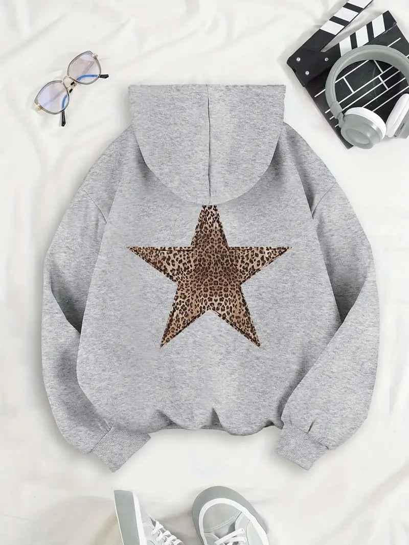 Hoodie Women Oversized Leopard Star Print Kangaroo Pocket