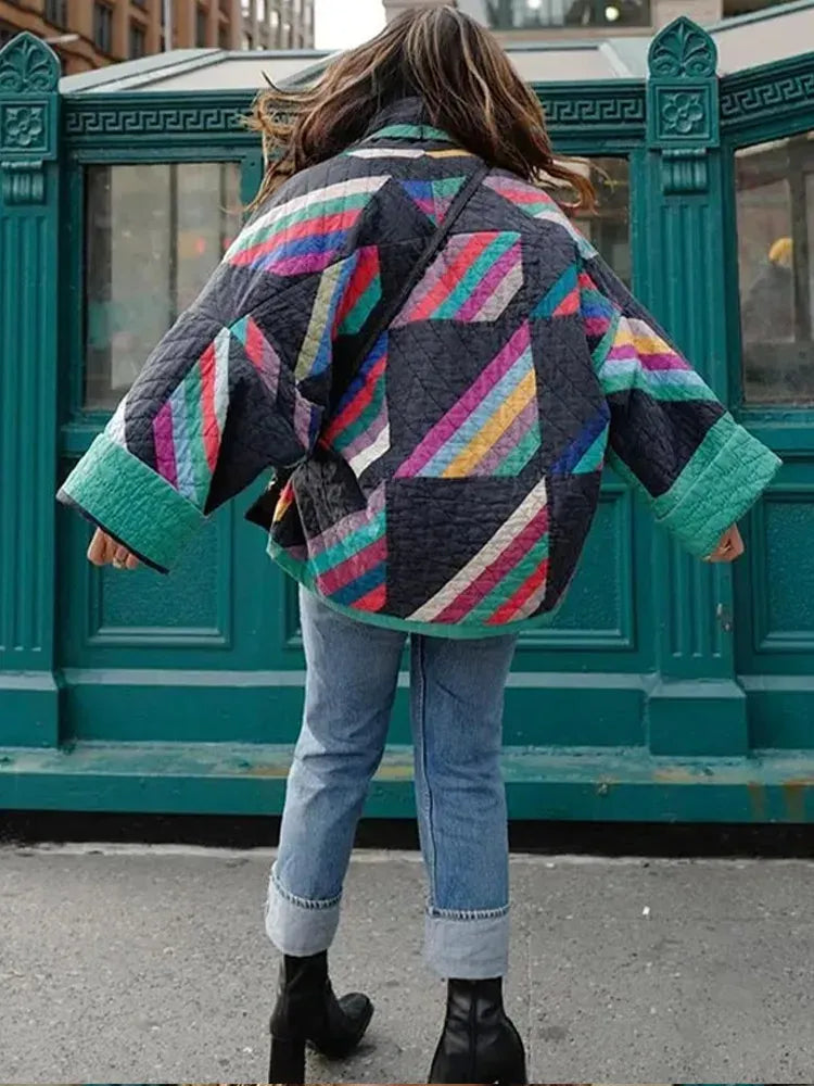 Oversized Quilted Jacket Women Geometric Colour Pattern