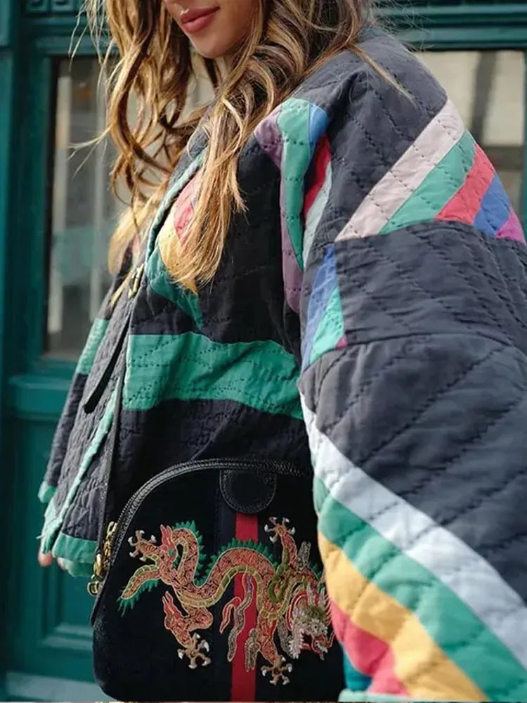 Oversized Quilted Jacket Women Geometric Colour Pattern