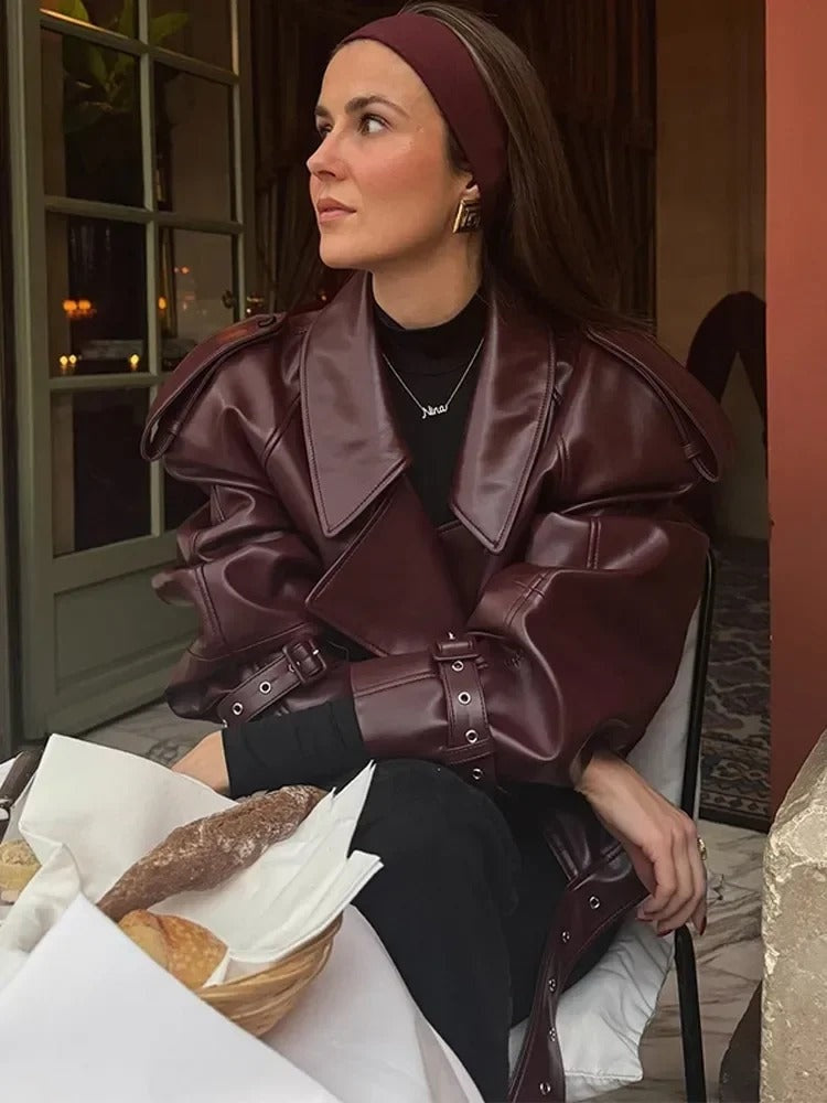 Leather Jacket Women Oversized Belted Structured Shoulders