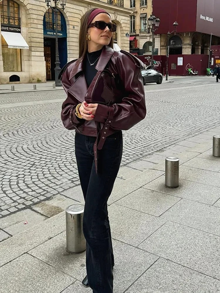 Leather Jacket Women Oversized Belted Structured Shoulders