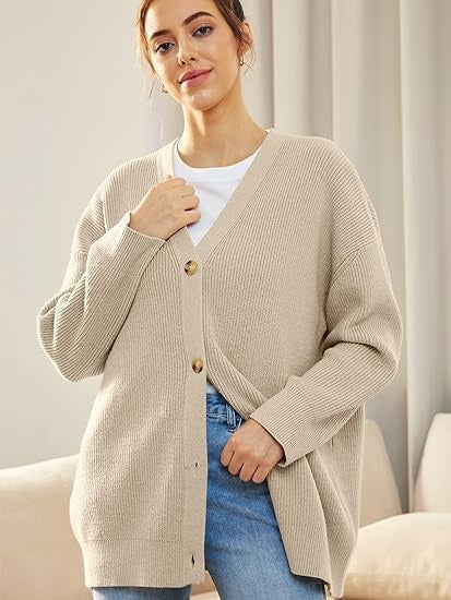 Oversized V-Neck Cardigan Women, Fine Knit Button-Front Relaxed Fit