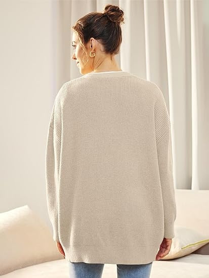 Oversized V-Neck Cardigan Women, Fine Knit Button-Front Relaxed Fit