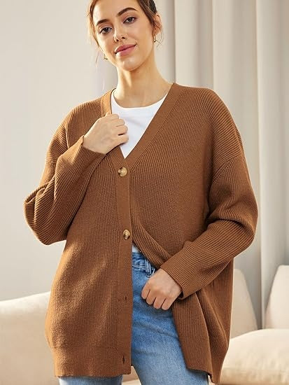Oversized V-Neck Cardigan Women, Fine Knit Button-Front Relaxed Fit